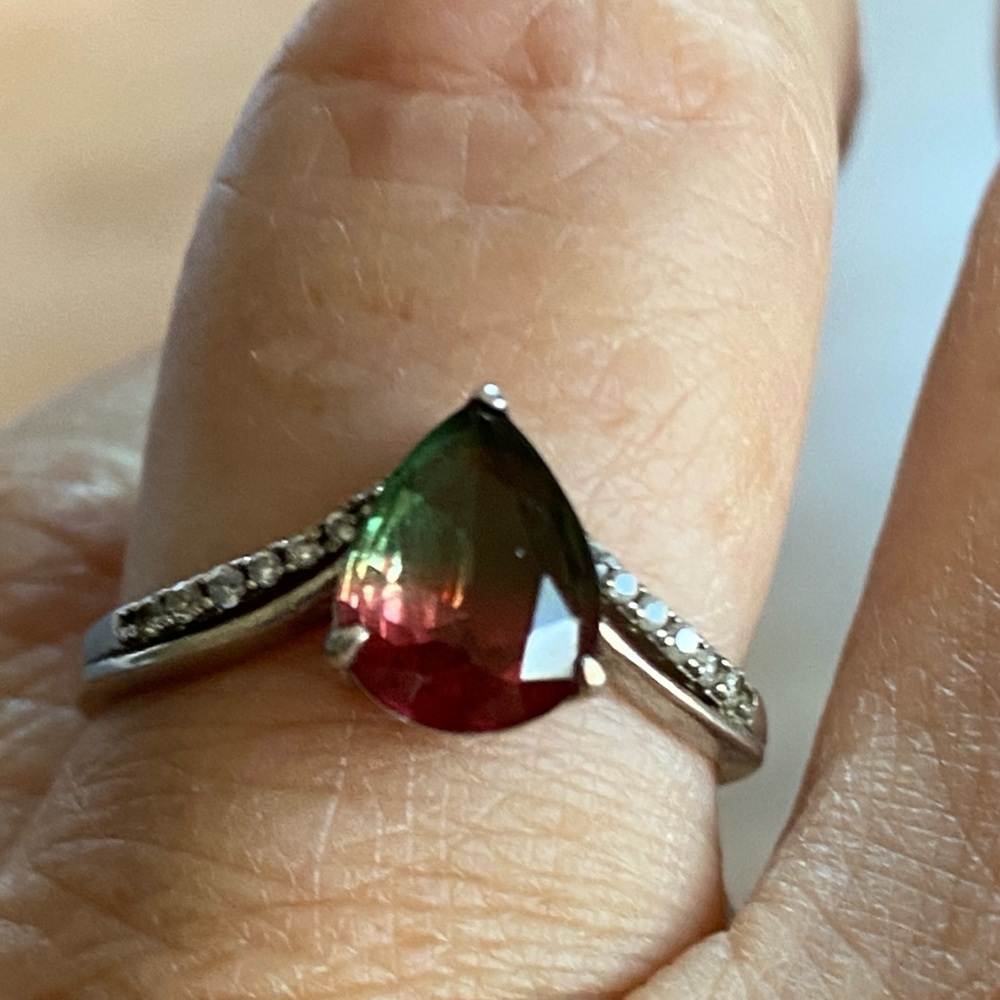 Sterling Silver 925 Watermelon Tourmaline Look Teardrop Ring – CZ Accents- 8